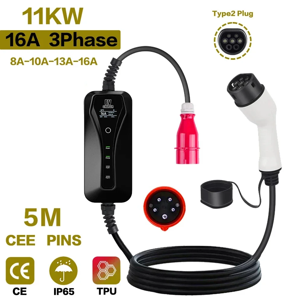 11KW 16A Portable EV Charger T - Type 2 Portable Ev Charger 11Kw Cee recension och pris